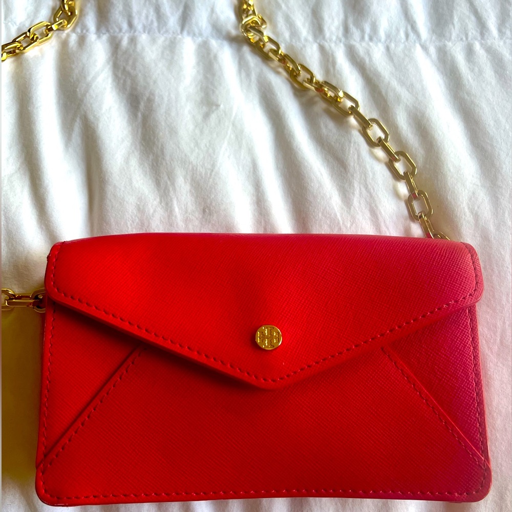 Tory Burch Red Envelope Clutch with Gold Chain